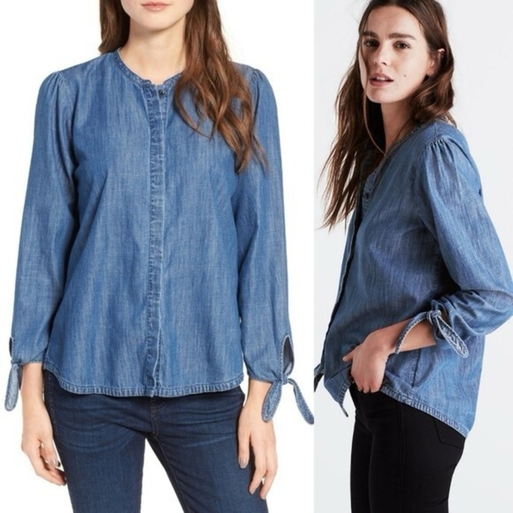 Madewell Women's Blue Chambray Denim Tie-Sleeve Popover Shirt Top - Size Small